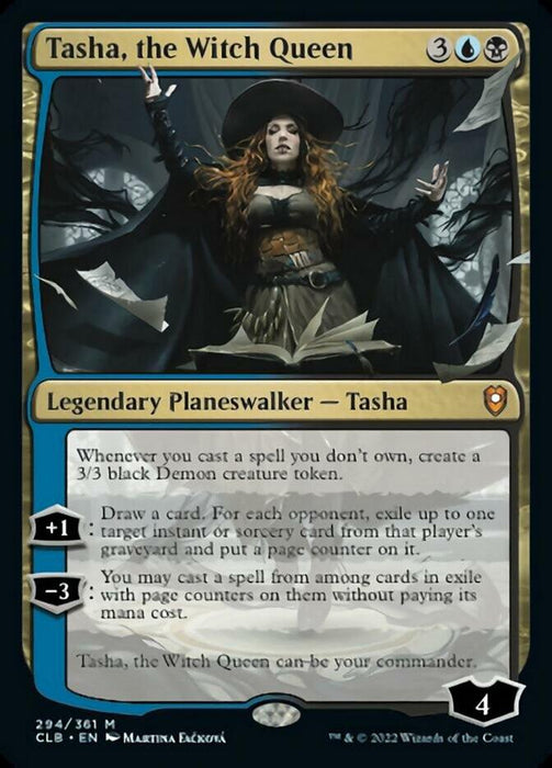 The image is of a "Magic: The Gathering" trading card from the Commander Legends: Battle for Baldur's Gate set, featuring "Tasha, the Witch Queen." It is a legendary planeswalker card with 4 starting loyalty points, requiring 3 colorless, 1 blue, and 1 black mana to play. The card's artwork depicts a witch in a hat casting a spell with a dark background.