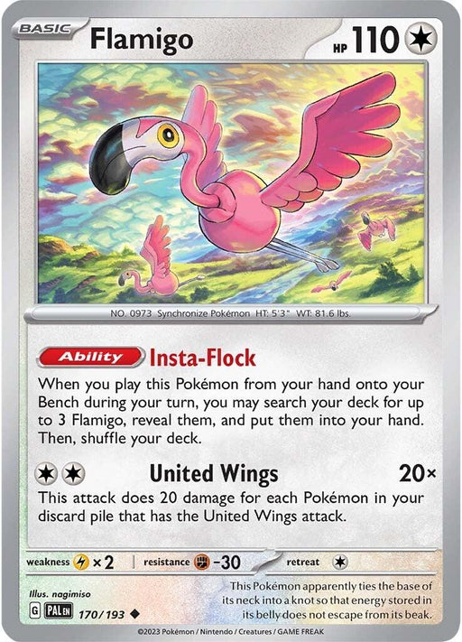 A Pokémon trading card featuring Flamigo, a pink bird with a long neck and legs. With an HP of 110, the card showcases its ability "Insta-Flock" and the attack "United Wings." Details like its type, weight, height, and a colorful background with plants and sky highlight this Colorless gem from Pokémon's Flamigo (170/193) [Scarlet & Violet: Paldea Evolved] collection.