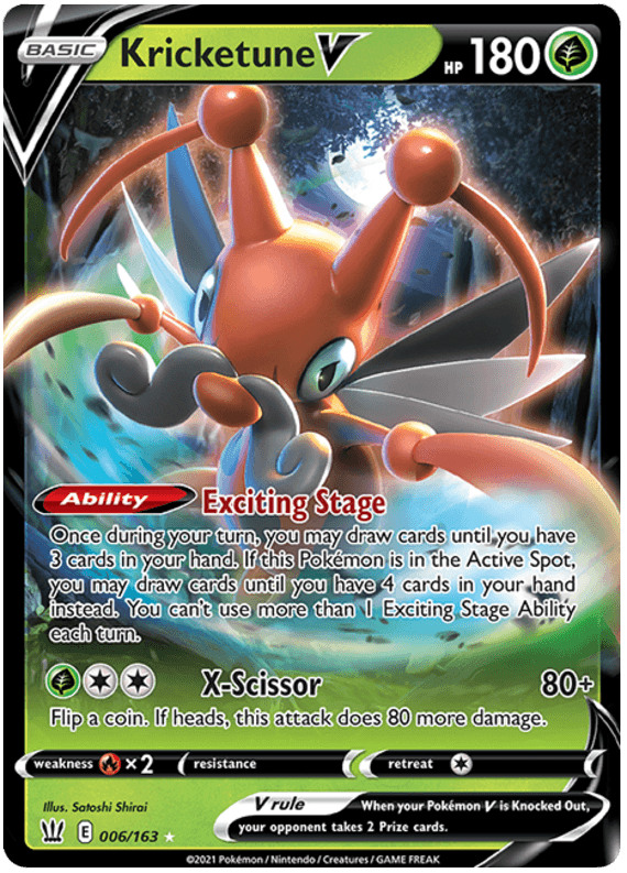 A Pokémon trading card featuring the Ultra Rare Kricketune V (006/163) [Sword & Shield: Battle Styles]. The card displays Kricketune, a red and green cricket-like creature with mustache-like antennae, in a forest setting. It has 180 HP and abilities, including 