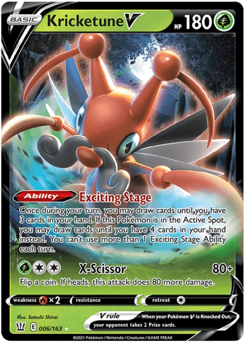 A Pokémon trading card featuring the Ultra Rare Kricketune V (006/163) [Sword & Shield: Battle Styles]. The card displays Kricketune, a red and green cricket-like creature with mustache-like antennae, in a forest setting. It has 180 HP and abilities, including "Exciting Stage" and "X-Scissor." Part of the Battle Styles series, its border is black with a holographic effect.