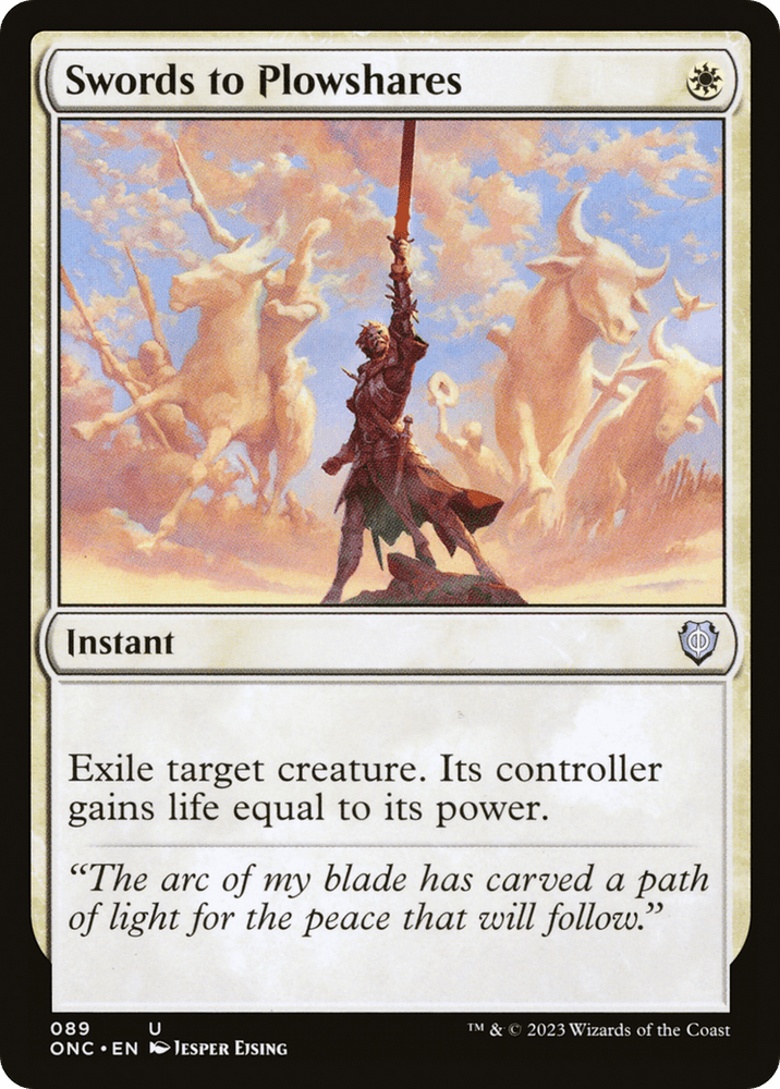 A Magic: The Gathering card titled "Swords to Plowshares [Phyrexia: All Will Be One Commander]" with art depicting a warrior holding a sword aloft, transforming aggressive creatures into serene figures. An Instant from the Phyrexia: All Will Be One Commander set, it reads: "Exile target creature. Its controller gains life equal to its power," with flavor text about peace.