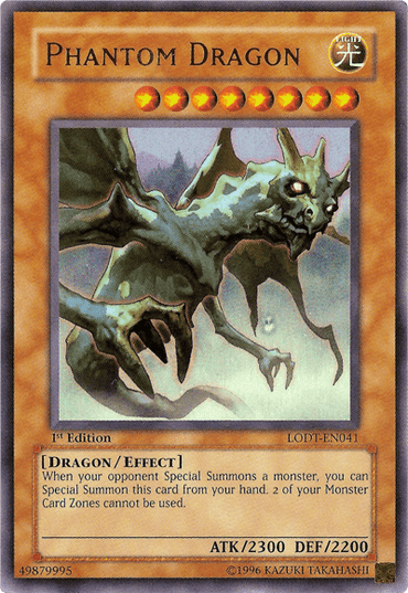 A Yu-Gi-Oh! trading card titled "Phantom Dragon [LODT-EN041] Ultra Rare." This Ultra Rare, 8-star level Effect Monster depicts a menacing, winged dragon with a spectral appearance. It has a Light attribute, with 2300 ATK and 2200 DEF. The card's effect allows special summoning when the opponent special summons a monster.