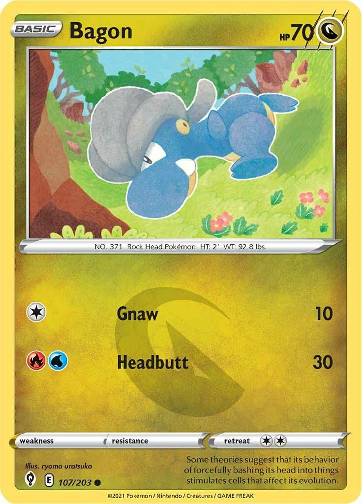 The Pokémon Bagon (107/203) card from [Sword & Shield: Evolving Skies] shows a dragon-like monster with an armadillo shell on its head in a colorful grassy scene, featuring 