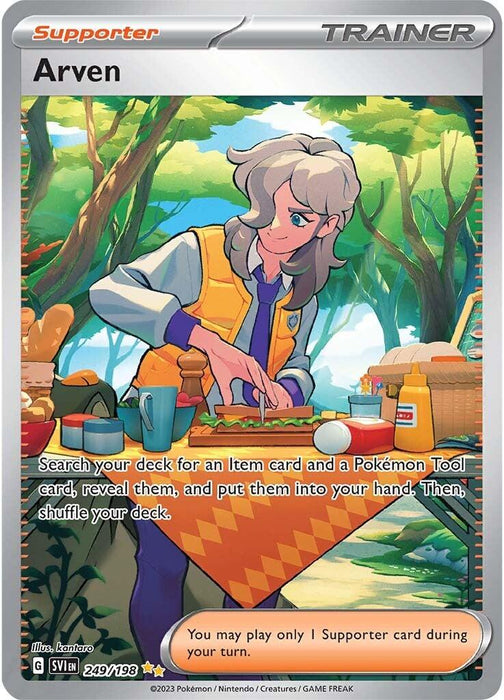 A "Supporter" Pokémon card featuring Arven (249/198) [Scarlet & Violet: Base Set], depicted with gray hair and a purple and yellow jacket. Arven arranges items on a table, with various cards, food items, and trees in the background. The text describes the card's effect. Part of the Scarlet & Violet series, this Secret Rare is illustrated by kantaro.