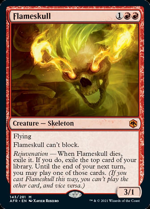 A Magic: The Gathering card from [Dungeons & Dragons: Adventures in the Forgotten Realms] named "Flameskull." Costing 1 generic and 2 red mana, this 3/1 Skeleton Creature with Flying can't block. Its Rejuvenation ability allows exiling and playing top library cards upon its death. Designed by Xavier Ribeiro, it's card number 143/201.