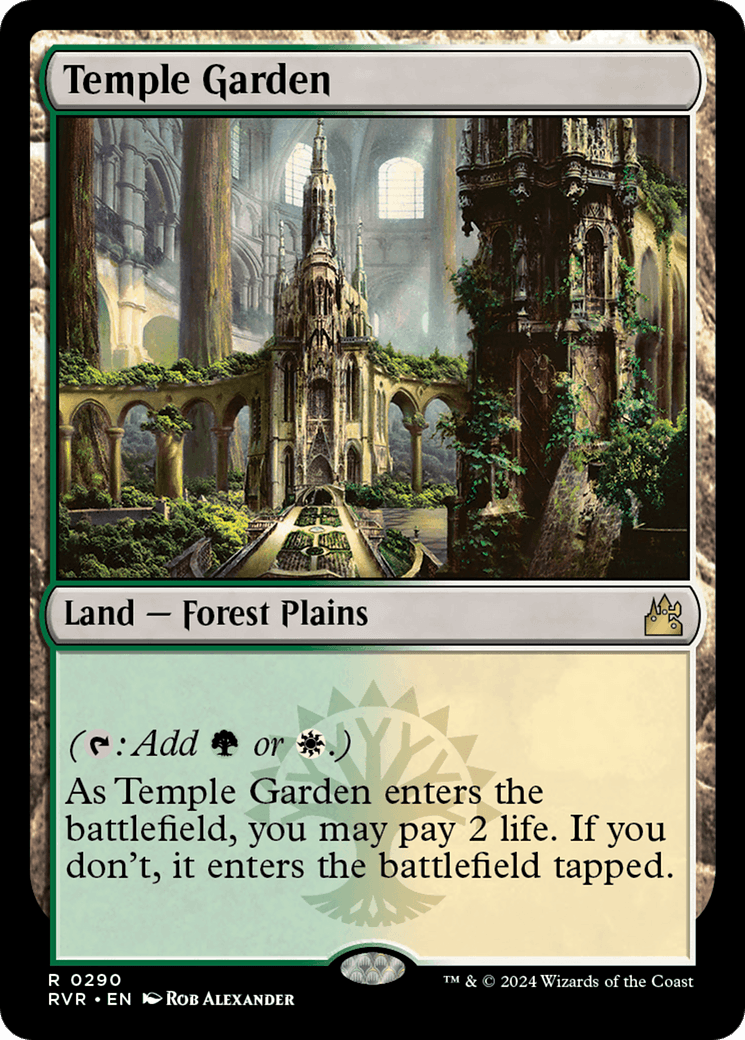 The Temple Garden [Ravnica Remastered], part of the Magic: The Gathering set, features an overgrown Gothic-style cathedral surrounded by lush greenery. This rare card is categorized as a 