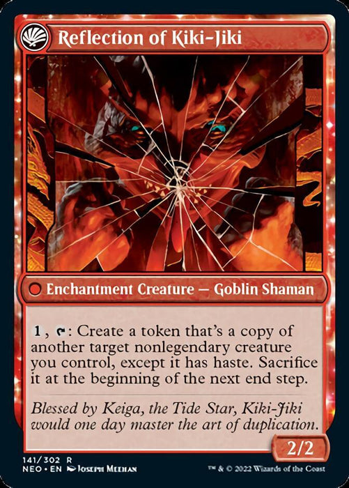 The image is of a Magic: The Gathering card titled "Fable of the Mirror-Breaker // Reflection of Kiki-Jiki [Kamigawa: Neon Dynasty]." It is a red Enchantment Creature card, subtype Goblin Shaman. The artwork depicts a fierce red goblin engulfed in flames, reflected in shattered glass. The card's power/toughness is 2/2.