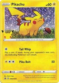 A Pikachu (SWSH039) (General Mills Promo) [Miscellaneous Cards] card with a yellow border. Pikachu is depicted in a field with an abstract, starry background. It has 60 HP and two abilities: "Tail Whip" and the powerful "Pika Bolt," causing 50 damage. The bottom features various game information and stats, making it a striking addition to any Pokémon collection.