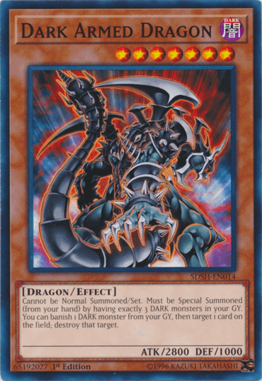 The image shows a "Yu-Gi-Oh!" trading card named "Dark Armed Dragon [SDSH-EN014] Common," an imposing DARK monster with sharp claws and an aggressive stance, surrounded by dark energy. As a powerful Dragon/Effect Monster, it boasts 2800 ATK and 1000 DEF. This formidable creature is perfect for dominating in Shaddoll Showdown decks.