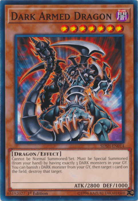 The image shows a "Yu-Gi-Oh!" trading card named "Dark Armed Dragon [SDSH-EN014] Common," an imposing DARK monster with sharp claws and an aggressive stance, surrounded by dark energy. As a powerful Dragon/Effect Monster, it boasts 2800 ATK and 1000 DEF. This formidable creature is perfect for dominating in Shaddoll Showdown decks.