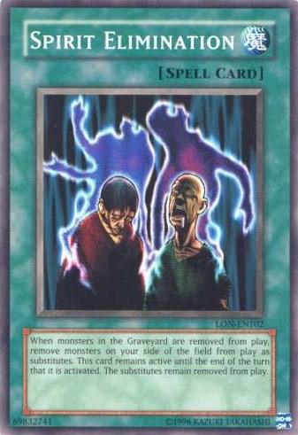 A "Yu-Gi-Oh!" Normal Spell card titled "Spirit Elimination [LON-EN102] Common." The card shows eerie, glowing spirits emerging behind a distressed human figure. The description at the bottom provides game instructions for dealing with monsters in the Graveyard. The card has a green border and identifiers on the bottom left and right corners.