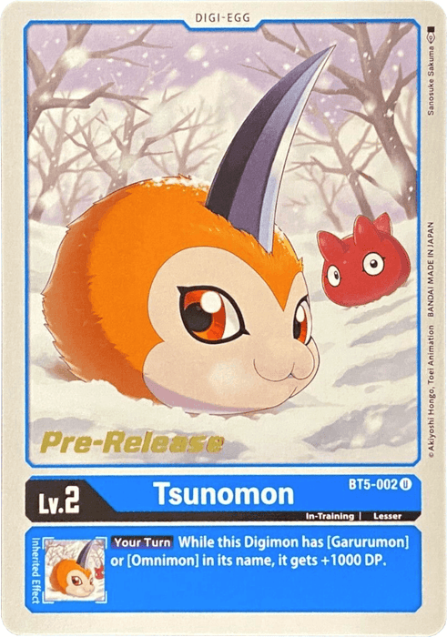 A Digimon card from the "Battle of Omni Pre-Release Promos" featuring Tsunomon, a cute, orange Digi-Egg with a black horn and big blue eyes, set against a snowy background with snow-covered trees. The card is labeled "Digi-Egg," "BT5-002." Text reads: Your Turn: While this Digimon has [Garurumon].