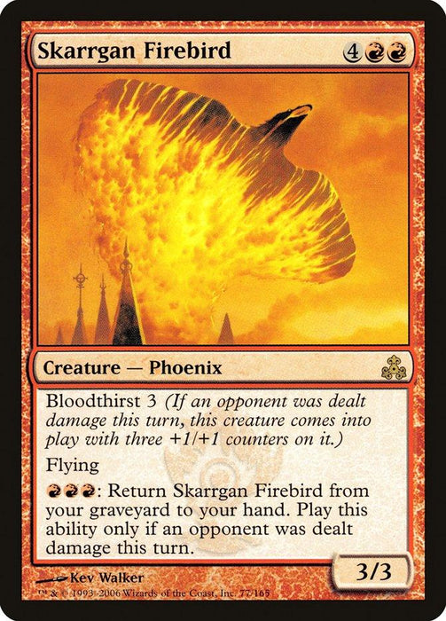 A Magic: The Gathering card named "Skarrgan Firebird [Guildpact]" requires 4 red and 2 colorless mana to cast. This 3/3 flying phoenix boasts Bloodthirst 3 and can return from the graveyard for 3 red mana, illustrated as a fiery phoenix in flight.