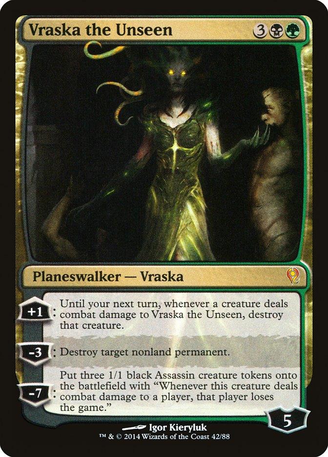 The image is of a Magic: The Gathering card named Vraska the Unseen [Duel Decks: Jace vs. Vraska]. This legendary Planeswalker is depicted with glowing eyes, a green dress with gold trim, and surrounded by mist. The text details three abilities and shows a loyalty counter of 5.