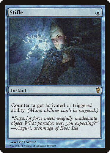 The Magic: The Gathering card "Stifle [Conspiracy]" showcases a mystical figure casting a spell, with radiant blue energy streaming from their hand. This instant spell possesses the ability to counter any activated or triggered ability, effectively dismantling any magical conspiracy in its way.