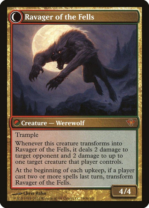A Magic: The Gathering card titled "Huntmaster of the Fells // Ravager of the Fells [Dark Ascension]" features a Human Werewolf with sharp claws and glowing eyes leaping in front of a full moon. The dark, eerie background amplifies the creature's terrifying presence. The card text details its abilities, including transformation effects and trample power.