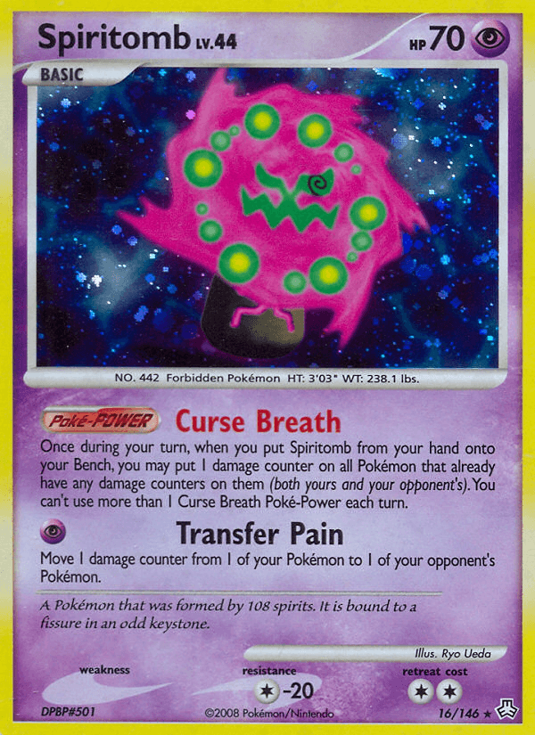 The Pokémon Spiritomb card (16/146) from the Diamond & Pearl: Legends Awakened set showcases Spiritomb as a ghostly face within a green, swirling vortex, encircled by purple mist and ancient stones. This card details 70 HP, includes a Poké-Power named 