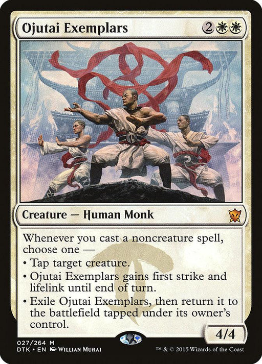 Magic: The Gathering card depicting Ojutai Exemplars [Dragons of Tarkir], human monk creatures from the *Dragons of Tarkir* set, adorned in white robes with gold and red details, performing martial arts. The card text outlines their abilities: tapping a target creature, gaining first strike and lifelink, and returning from exile to the battlefield.