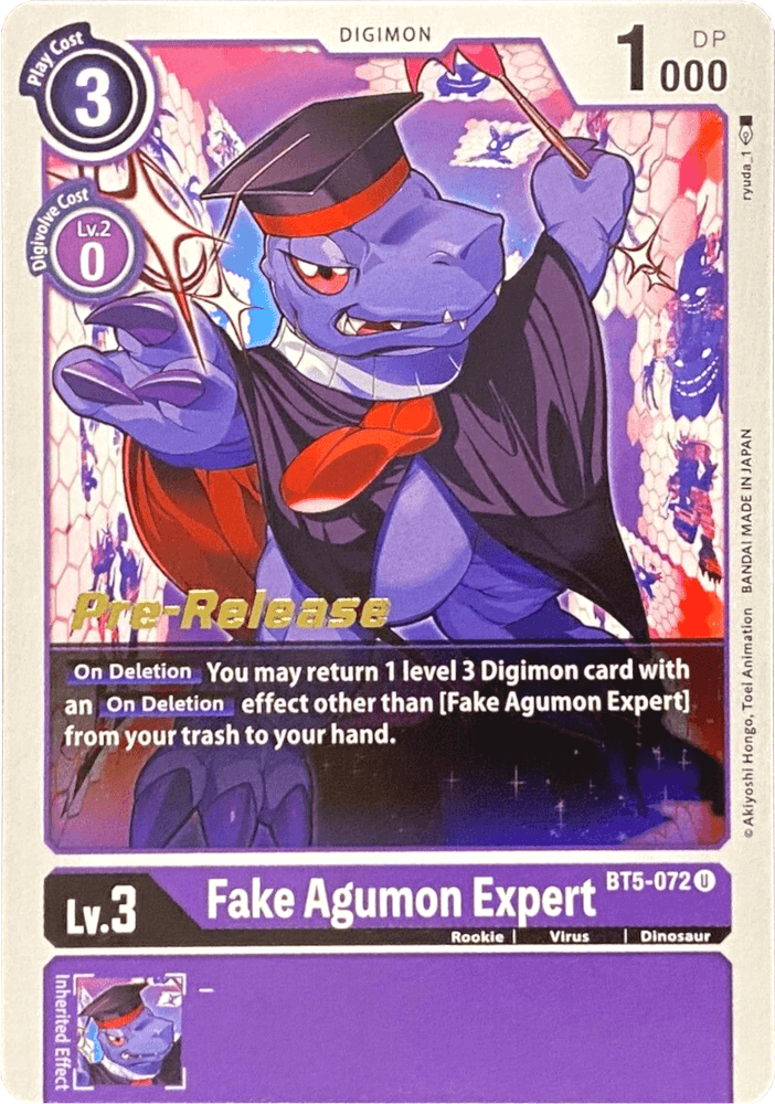 A "Fake Agumon Expert" Digimon card, listed as BT5-072 in the Battle of Omni Pre-Release Promos, features a purple dinosaur-like creature wearing glasses and a red scarf. This Rookie-level card has a play cost of 3, is level 3, and possesses 1000 DP. It has the ability to retrieve a level 3 Digimon card from the trash.