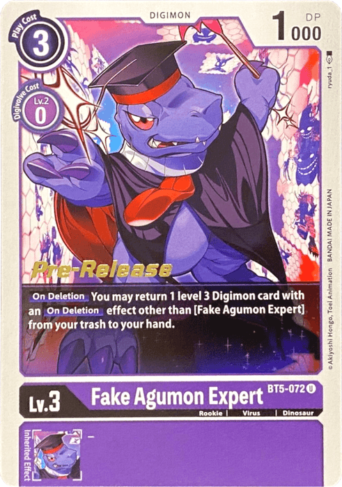 A "Fake Agumon Expert" Digimon card, listed as BT5-072 in the Battle of Omni Pre-Release Promos, features a purple dinosaur-like creature wearing glasses and a red scarf. This Rookie-level card has a play cost of 3, is level 3, and possesses 1000 DP. It has the ability to retrieve a level 3 Digimon card from the trash.