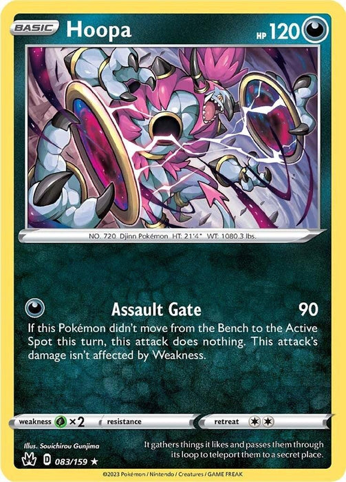 A Pokémon Hoopa (083/159) [Sword & Shield: Crown Zenith] trading card featuring art of Hoopa bursting through a dimensional ring with an ominous background from the Crown Zenith set. The card shows Hoopa's stats including 120 HP, attack move "Assault Gate" with 90 damage, and annotations for weakness, artist credit, and set inclusions.