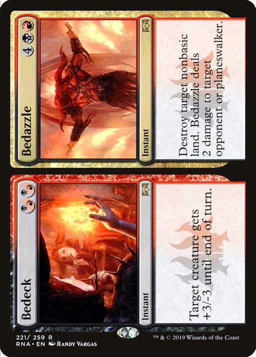 A Magic: The Gathering card from Ravnica Allegiance titled Bedeck // Bedazzle [Ravnica Allegiance]. The top half, "Bedazzle," depicts a fiery scene with a demon-like figure and reads, "Destroy target nonbasic land. Bedazzle deals 2 damage to target opponent or planeswalker." The bottom half, "Bedeck," shows a warrior surrounded by flames and