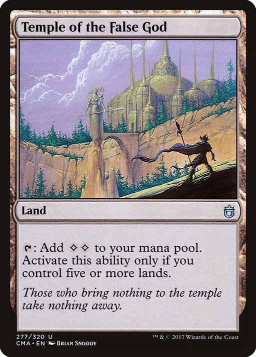 The image is of a Magic: The Gathering card from the Commander Anthology titled "Temple of the False God [Commander Anthology]." It shows a mystical temple atop a rocky cliff. The card text reads: "Tap: Add two colorless mana. Activate this ability only if you control five or more lands. Those who bring nothing to the temple take nothing away.