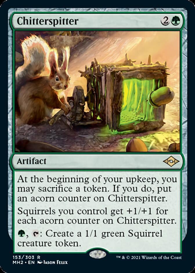 Magic: The Gathering's "Chitterspitter" card from Modern Horizons 2 features a squirrel near an acorn-encrusted machine emitting a green glow. The card text includes abilities such as +1/+1 counters for squirrels, sacrificing tokens, and creating a 1/1 green Squirrel creature token. This card costs 2G.