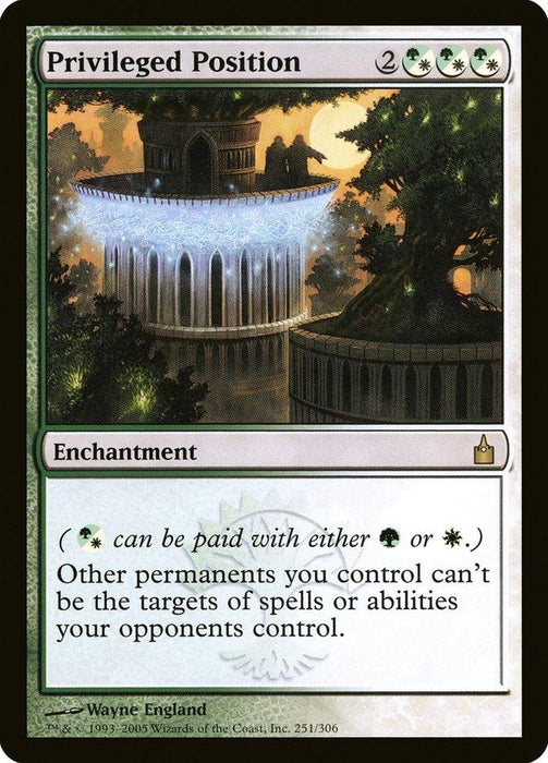 A Magic: The Gathering product, Privileged Position [Ravnica: City of Guilds], is an enchantment spell that costs two generic mana and three hybrid green/white mana. Its effect grants hexproof to other permanents you control, making them untargetable by opponents' spells or abilities. The art depicts a luminous, majestic pavilion surrounded by greenery at dusk.