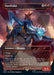 A trading card named "Stardrake - Scourge of the Throne (Borderless) [Secret Lair Drop Series]" from Magic: The Gathering depicts a mythic creature dragon with wings spread wide, carrying a heavily armored rider wielding a sword. Part of the Secret Lair Drop Series, the card highlights abilities like "Flying" and "Dethrone," hinting at the Scourge of the Throne on a dark, fiery background.