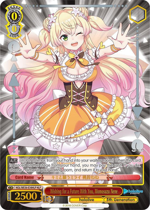 Anime-style trading card featuring a character with long, pink twin-tails, dressed in a vibrant orange and yellow outfit with white trim. She poses energetically with one arm raised and the other extended forward. Part of the **hololive production Premium Booster** set, this Red Level 0 Character Card is named "**Wishing for a Future With You, Momosuzu Nene (Foil) [hololive production Premium Booster]**" by **Bushiroad**.

