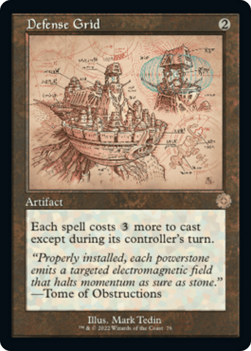 A rare "Magic: The Gathering" card titled "Defense Grid (Retro Schematic) [The Brothers' War Retro Artifacts]." This artifact, with a mana cost of 2 colorless, makes each spell cost 3 more to cast except during its controller's turn. Illustrated with a floating mechanical structure on a detailed map, it belongs to The Brothers' War Retro Artifacts series.