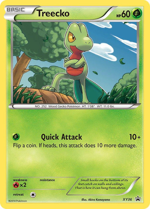 A Pokémon trading card featuring Treecko, a green, bipedal gecko Pokémon with red eyes and a long tail, standing confidently on a branch in this Grass-type Promo. The card has 60 HP and displays the move "Quick Attack." The bottom-left corner shows its weaknesses and retreat cost. Illustration by Akira Komayama. Product Name: Treecko (XY36) [XY: Black Star Promos] Brand Name: Pokémon