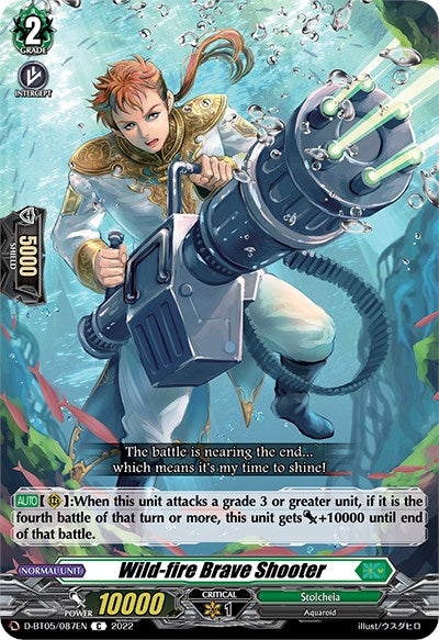 A trading card from Bushiroad featuring a character named "Wild-fire Brave Shooter (D-BT05/087EN)" from the Triumphant Return of the Brave Heroes series showcases the character in a green and orange outfit, wielding a large, futuristic gun that emits blue energy. The intense scene is set against a stormy, battle-like background. Abilities and stats are displayed at the bottom of the card.