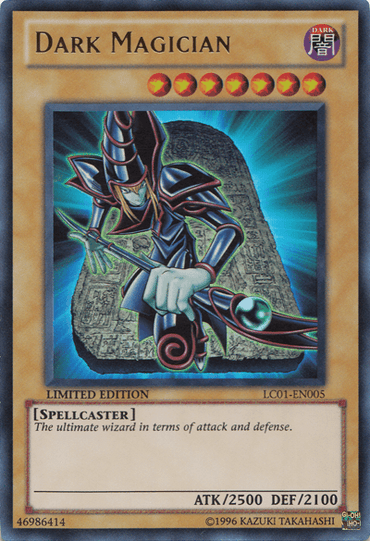 A Yu-Gi-Oh! Dark Magician [LC01-EN005] Ultra Rare from Legendary Collection 1 featuring the Dark Magician. This Ultra Rare card displays an armored spellcaster wielding a staff, standing before a mystical tablet with glowing text. It is labeled "Dark Magician" with stats of ATK/2500 and DEF/2100 and marked as a Limited Edition Normal Monster.