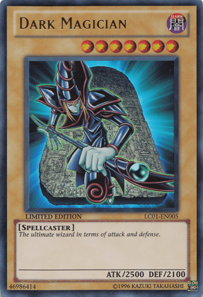 A Yu-Gi-Oh! Dark Magician [LC01-EN005] Ultra Rare from Legendary Collection 1 featuring the Dark Magician. This Ultra Rare card displays an armored spellcaster wielding a staff, standing before a mystical tablet with glowing text. It is labeled "Dark Magician" with stats of ATK/2500 and DEF/2100 and marked as a Limited Edition Normal Monster.