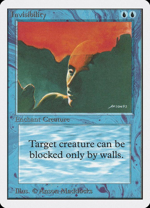 A Magic: The Gathering card from the Unlimited Edition titled Invisibility [Unlimited Edition]. The card's border is blue with a marble texture. The illustration depicts a humanoid figure with a red to orange gradient head and hand against a dark, shadowy background. As an Aura Enchantment, the text reads, "Target creature can be blocked only by walls.