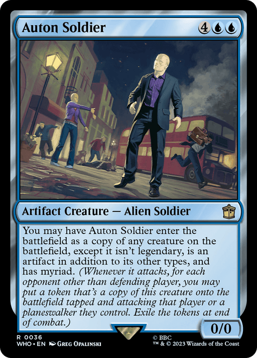 A Magic: The Gathering card named "Auton Soldier [Doctor Who]." It has a blue border and costs 4 colorless mana and 2 blue mana. The card type is "Artifact Creature - Alien Soldier" with a power and toughness of 0/0. Inspired by Doctor Who, the artwork depicts Auton Soldiers attacking civilians on a city street at night.