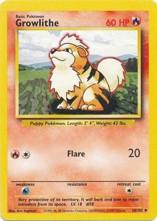 A Growlithe (28/102) [Base Set Unlimited] from Pokémon with 60 HP. The card is predominantly yellow with red accents and features an illustration of Growlithe, a dog-like Fire Type Pokémon with orange fur and black stripes. The Uncommon Rarity card shows attack "Flare" (20 damage). Weakness: water. Labeled as the "Puppy Pokémon.