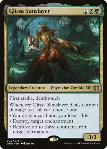 A "Magic: The Gathering" card titled "Glissa Sunslayer [Phyrexia: All Will Be One]," is a Rare Legendary Creature from Phyrexia: All Will Be One. It depicts an armored, green-skinned Phyrexian Zombie Elf wielding a knife against a dark forest background. With 3/3 power/toughness, it costs one black, one green mana plus one generic mana and has First.