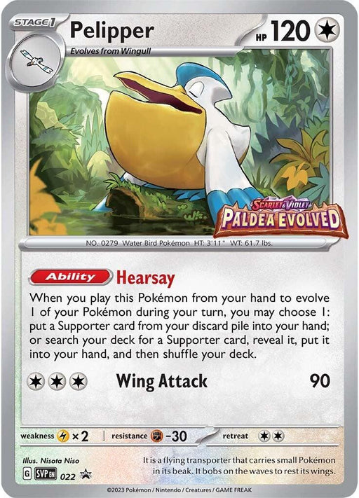 The image shows a Pokémon card featuring Pelipper (022) [Scarlet & Violet: Black Star Promos], a Water Bird Pokémon from the Scarlet & Violet series. The card has 120 HP and includes artwork of Pelipper with its beak open, standing among tropical foliage. Its abilities "Hearsay" and "Wing Attack" are described. The card has a silver star rarity symbol and an illustration by Nisota Niso.