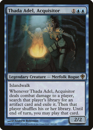 The image showcases a Magic: The Gathering card, "Thada Adel, Acquisitor [Worldwake]." This Merfolk Rogue has a casting cost of 1 blue and 2 generic mana. With Islandwalk, it exiles an artifact card from an opponent's library when dealing combat damage. It is a 2/2 creature with striking art of a merfolk holding a glowing artifact.