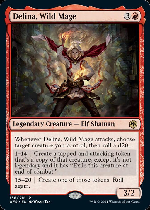 A card from Magic: The Gathering, set in the Forgotten Realms, features "Delina, Wild Mage [Dungeons & Dragons: Adventures in the Forgotten Realms]" with a mana cost of 3 colorless and 1 red. The card depicts a female elf shaman with magical energy. The text describes her ability to create and exile creature tokens based on the roll of a d20. The card has a power/toughness of 3.
