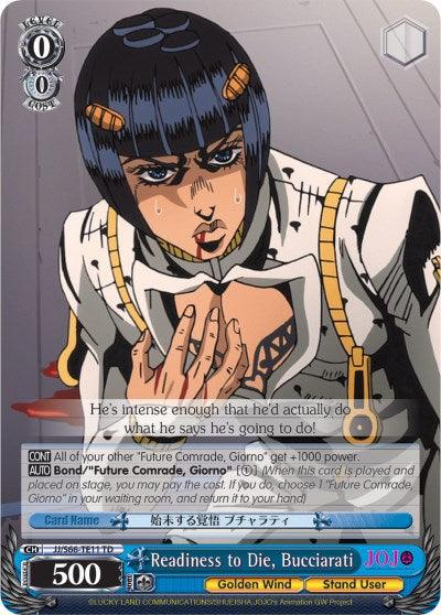 A trading card from the "JoJo's Bizarre Adventure: Golden Wind" Trial Deck features an anime character with short black hair and a white outfit with black zippers, looking determined with tears streaming down their face. Text at the bottom details the card's abilities and stats. The card is titled "Readiness to Die, Bucciarati (JJ/S66-TE11 TD) [JoJo's Bizarre Adventure: Golden Wind]" by Bushiroad.