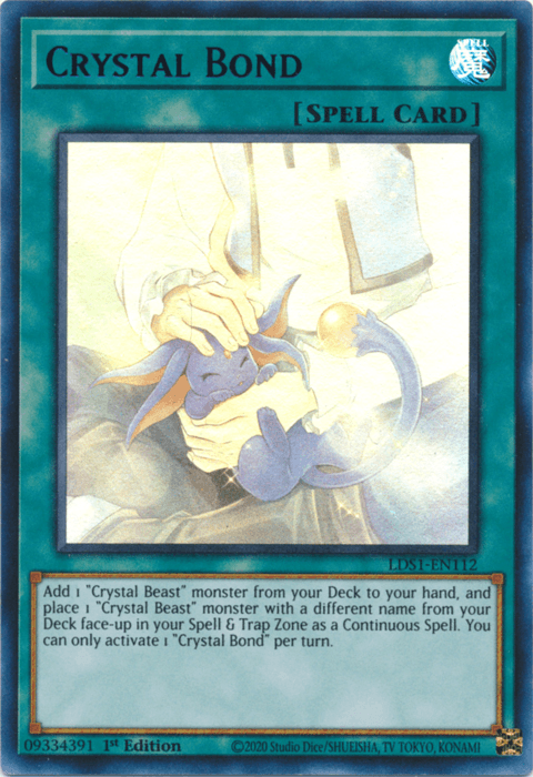 The image is a Yu-Gi-Oh! Spell Card named "Crystal Bond (Green) [LDS1-EN112] Ultra Rare." It features artwork of a person gently holding a small blue, winged Crystal Beast with a long tail and gem-like structure on its forehead. The card's teal border frames the text box containing "Legendary Duelists" card details and effects in white.
