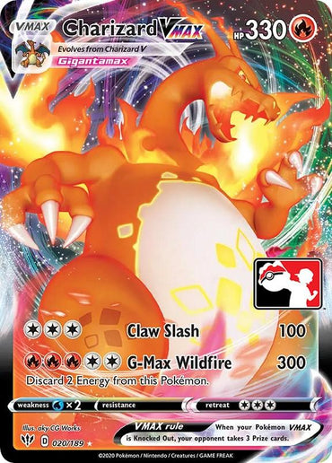 Image of a Charizard VMAX (020/189) [Prize Pack Series One] Pokémon card. This Ultra Rare, fiery dragon Pokémon from the Pokémon brand is depicted in a dynamic pose, surrounded by flames. The card has 330 HP and features Claw Slash (100 damage) and G-Max Wildfire (300 damage, with an energy discard requirement).