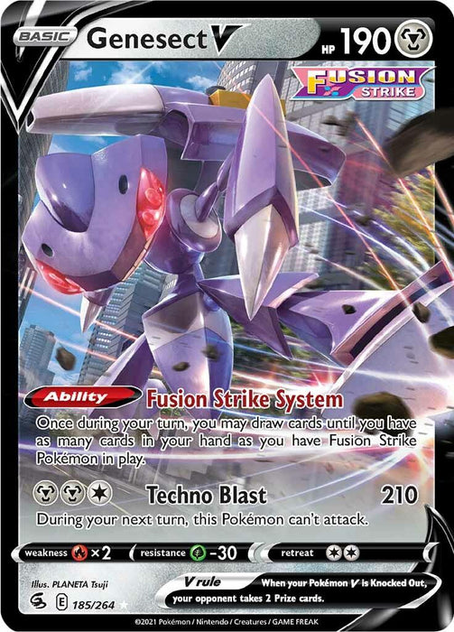 A Pokémon card featuring Genesect V (185/264) [Sword & Shield: Fusion Strike] with 190 HP, adorned with the Fusion Strike label. It boasts two moves: Fusion Strike System and Techno Blast. Classified as an Ultra Rare from the Sword & Shield series, it bears the rarity mark "185/264." The cityscape background highlights Genesect in a dynamic pose, surrounded by purple energy.