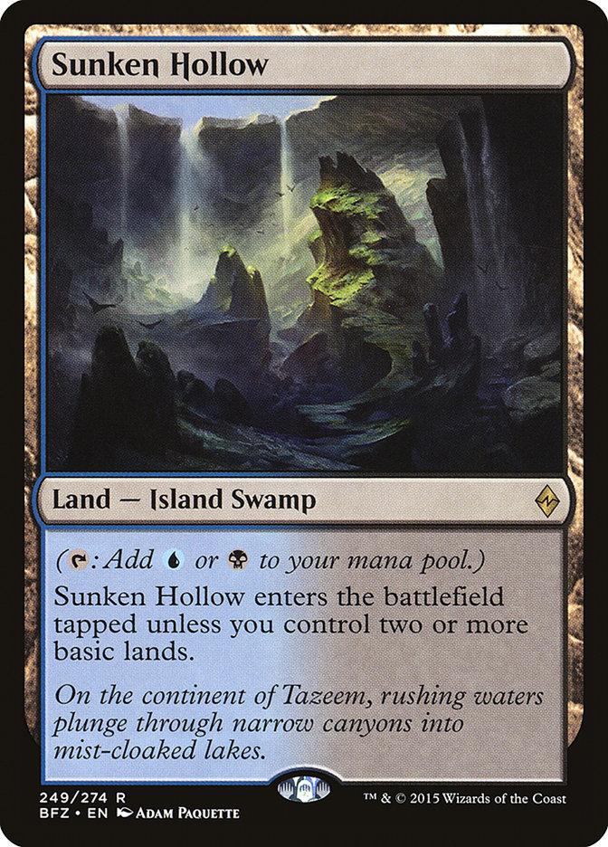 Magic: The Gathering card "Sunken Hollow [Battle for Zendikar]," a rare Island Swamp illustrated by Adam Paquette, depicts a mysterious, sunken canyon with rushing water and mist. This card generates blue or black mana and enters the battlefield tapped unless you control two or more basic lands.