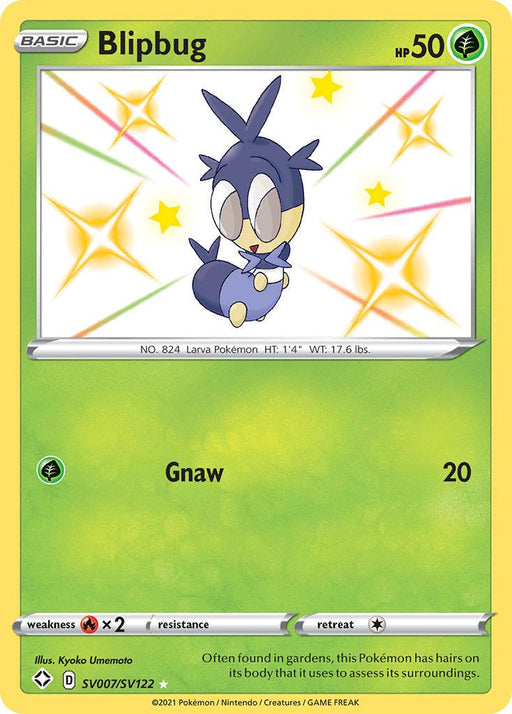 A Pokémon trading card of **Blipbug (SV007/SV122) [Sword & Shield: Shining Fates]** from the brand **Pokémon**. The card features Blipbug, a blue and white insect-like creature with large eyes. Its single attack is "Gnaw," which does 20 damage. With a Colorless Retreat Cost, this Grass Ultra Rare card is numbered SV007/SV122.