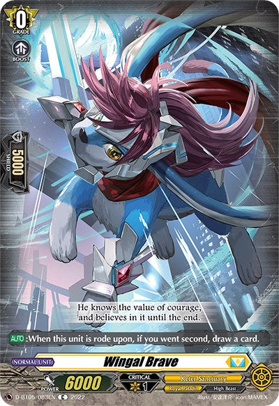 A trading card named "Wingal Brave (D-BT05/083EN) [Triumphant Return of the Brave Heroes]" from the Cardfight!! Vanguard game by Bushiroad. This Royal Paladin card features a fantastical dog-like creature adorned in silver armor with pink hair, dynamically leaping through a futuristic cityscape. The card includes values and information such as "Grade 0," "Power 6000," and specific abilities.